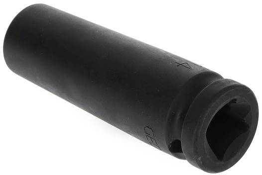 A black spark plug spanner made of metal tube.