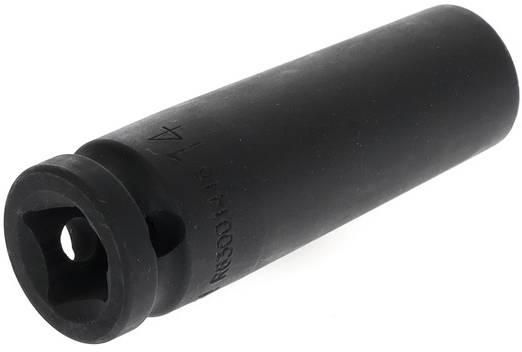 Black hexagonal socket extension bar in cylindrical form, viewed at an angle from the side. Suitable for mechanical work.
