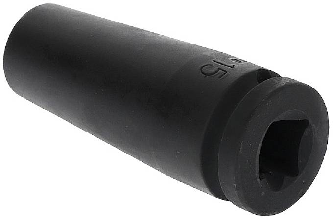 A black, cylindrical attachment with a square opening and side engraving '19'. Potentially a tool attachment.