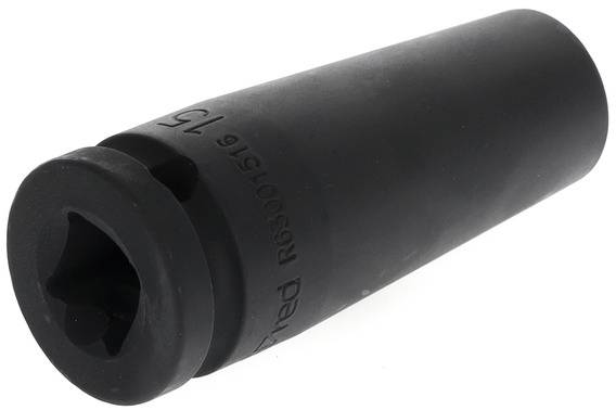 A black metal socket with a hexagonal opening, resembling a spanner attachment.