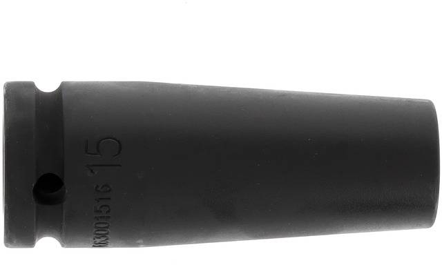 A black, cone-shaped metal component, presumably a mechanical engineering part or tool attachment, is lying horizontally on a white background.