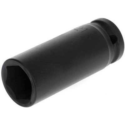 Black powder-coated hexagonal socket, 21 mm, for use with socket wrenches, on a white background.