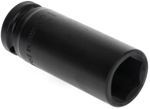 A black socket attachment with a hexagonal opening and embossed marking lies sideways. Used for loosening nuts.
