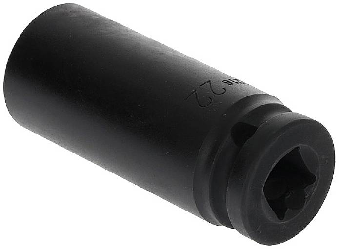 Black, cylindrical socket with a square drive, used for mechanical work or loosening screws.