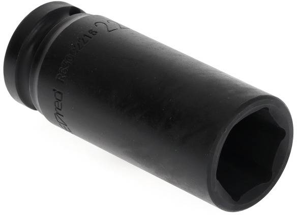 Black cylindrical impact socket wrench with a hexagonal opening. Used for tightening or loosening nuts and bolts.