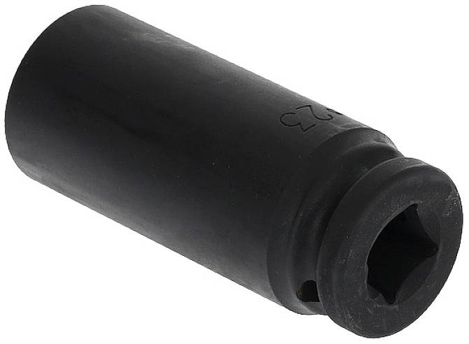 A black socket key insert with a hexagonal opening and a knurled edge, potentially for mechanical applications.