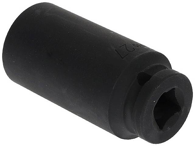 Black metal socket attachment, cylindrical in shape, with a square opening, for use with a torque tool.
