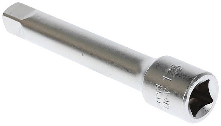 A silver extension bar, cylindrical in shape, with a square opening at the end for receiving a tool.