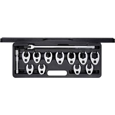 Set with an adjustable torque wrench and twelve interchangeable spanners in a black plastic case.