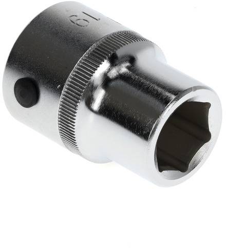 Metal socket tool, cylindrical in shape with a knurled edge for better grip, with a hexagonal opening on the front face.