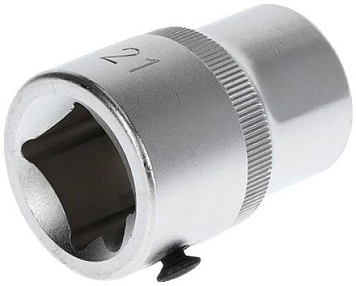 A silver-coloured socket attachment with the number '21' engraved, cylindrical in shape, suitable for a ratchet system.