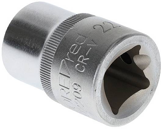 Metal socket attachment with a side engraved with '22 mm'. Used for loosening or tightening nuts and bolts.