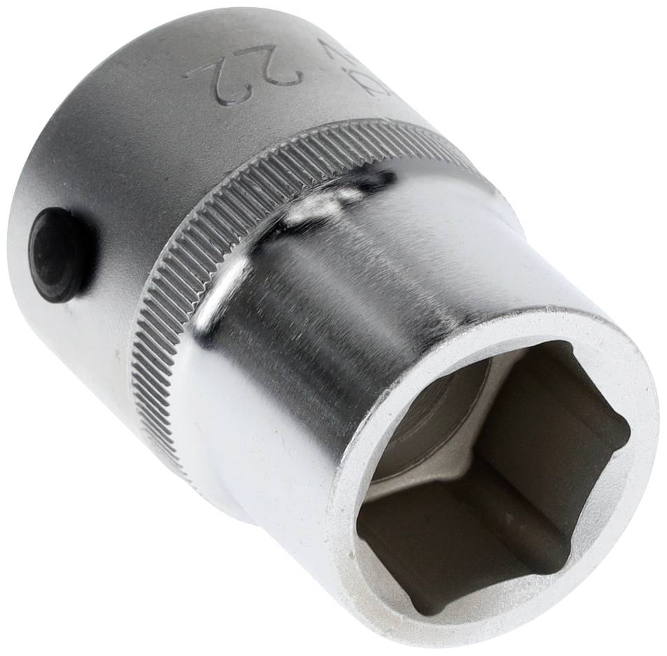 Chrome-plated socket wrench size 22 mm with a hexagonal opening made of metal for screw-related work.