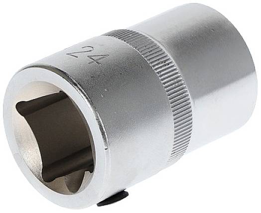 Silver hexagonal socket with knurled handle, size 24, for use with a socket wrench for mechanical repairs.
