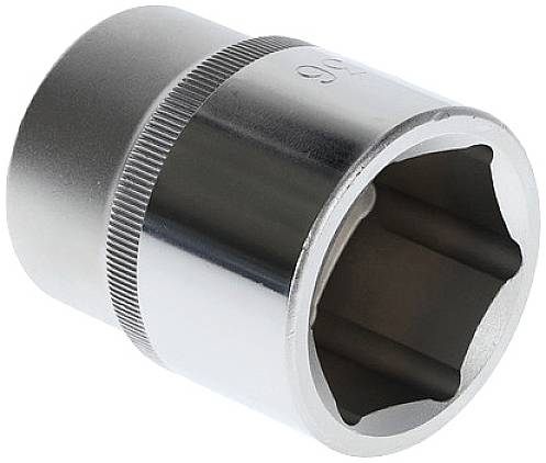 Metallic hexagonal socket, suitable for screw-related work. Smooth surface with a textured ring for improved grip.