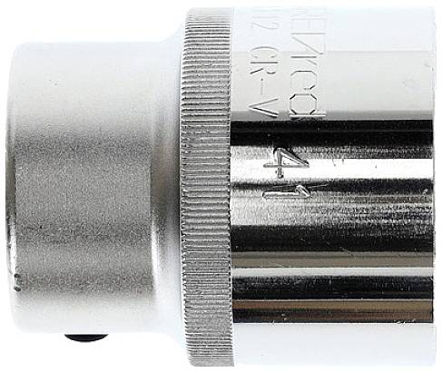 Metal socket with inscription. It has a shiny and grooved area. Suitable for screw work with a socket wrench.