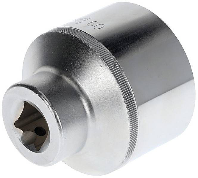A silver metal hexagonal socket nut designed for attachment to a spanner or ratchet.