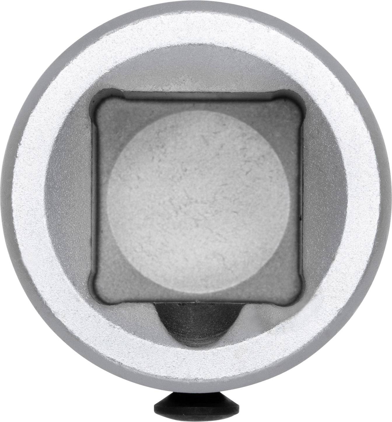 Top-down view of a mechanical or technical component with a circular opening and a square inner area.