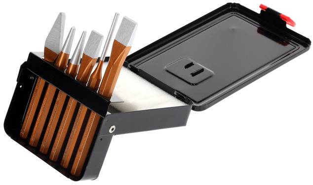 A black case with six chisels of various sizes, opened to reveal the chisels.