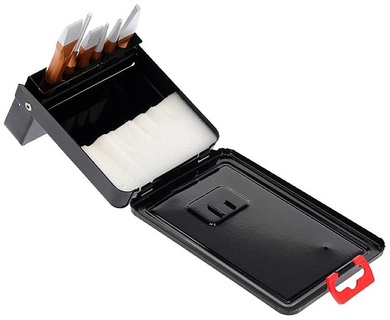 Metal container with an open lid, showing four blades of different sizes in a foam holder. Ideal for precision work.