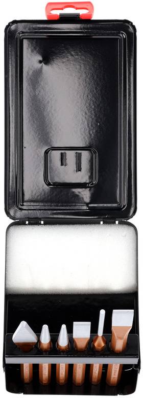 An open case containing six different metal drill bits in various shapes and sizes, set against a black background.