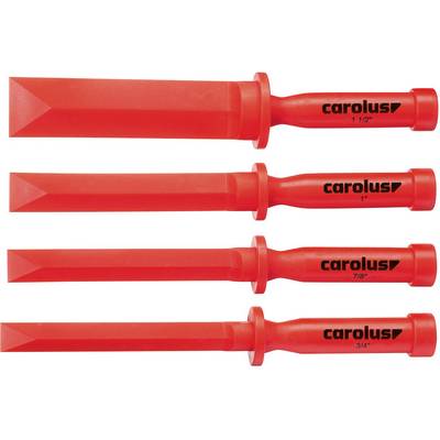 Red chisel set with four sizes: 1 1/2", 1", 7/8", and 3/4". 'Carolus' brand printed in black lettering on each handle.