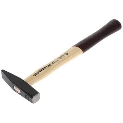Wooden-handled hammer with metal head, brand name and symbols on the handle. Designed for craftwork, light to medium-duty tasks.