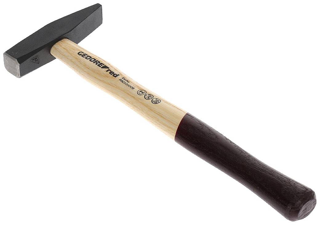 A hammer with a wooden handle and black head is lying on a white background. The hammer head has a rectangular shape.