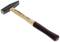 A hammer with a wooden handle and black head is lying on a white background. The hammer head has a rectangular shape.