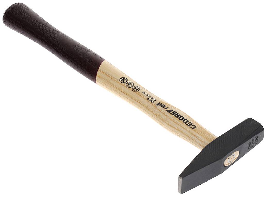 A hammer with a wooden handle and a metal head. The handle is partially dark, partially light. Markings are visible on the handle.