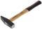 A hammer with a wooden handle and metal head is lying at an angle. It has a logo on the head and a manufacturer's mark on the handle.