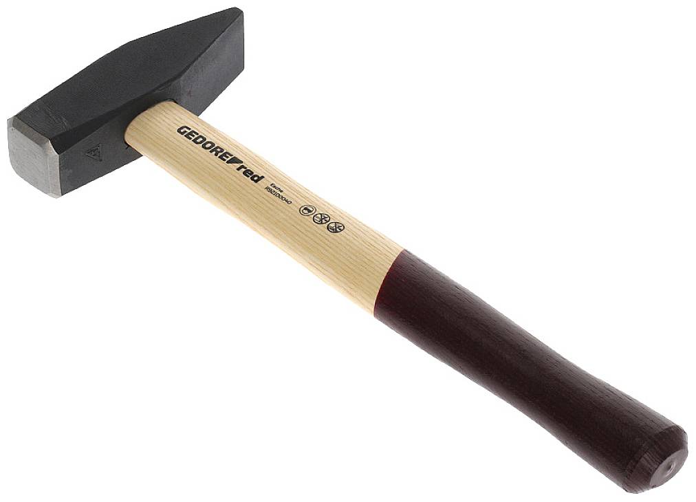 A hammer with a wooden handle and black metal head is positioned diagonally. The handle is two-toned, with light and dark brown colours.