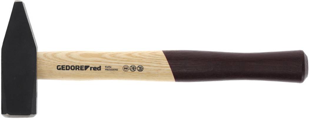 A hammer with a black head and a wooden handle, with 'GEDORE red' written on it.
