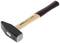 A hammer with a wooden handle and black metal head, lying on its side.