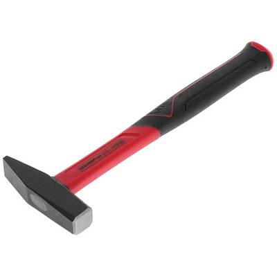 A red and black hammer with a semi-angled head lies on a white surface. Suitable for basic hammering and construction work.