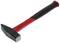 A black hammer with a red handle lies on a white background. The hammer head is flat on both sides.