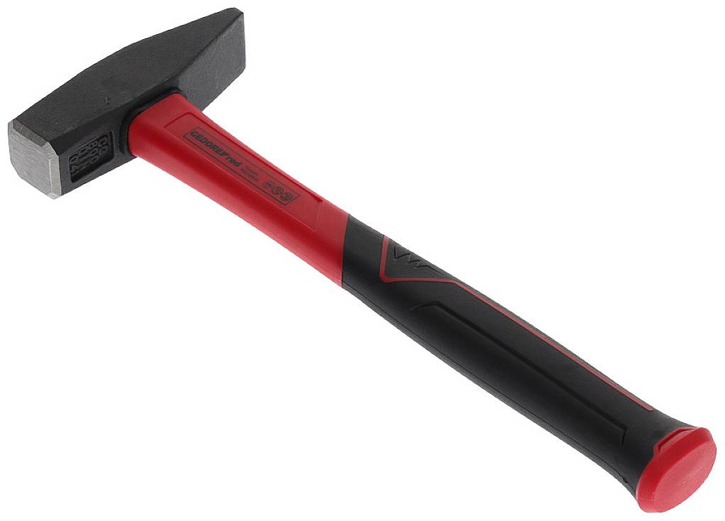 Hammer with a red and black handle, equipped with a square and a pointed side. Perfect for craftwork.<br><br>Correction to British English:<br><br>Hammer with a red and black handle, fitted with a square and a pointed side. Ideal for DIY tasks.