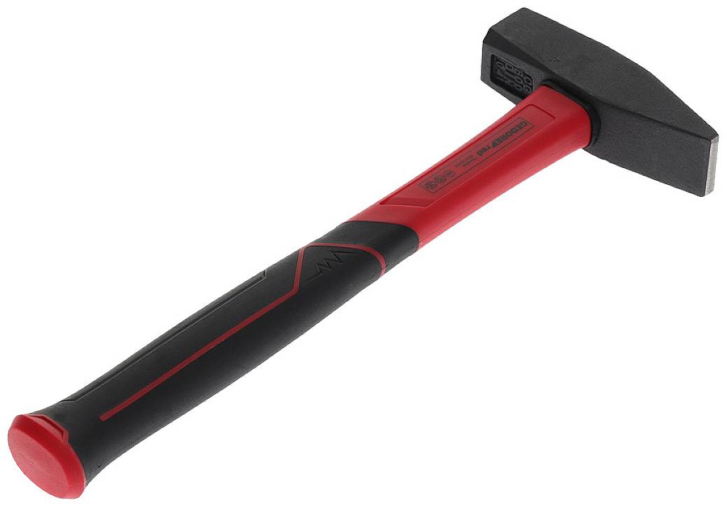 A red and black hammer with a steel head and ergonomic handle, suitable for construction work.