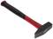 A red and black hammer with a rectangular head and ergonomic handle lies diagonally on a white background.