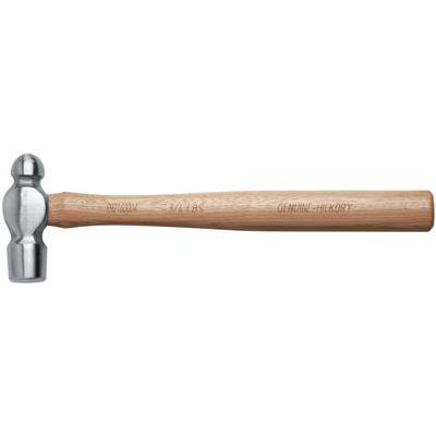 A hammer with a round head and wooden handle. Engraving on the handle with the details '7921000N/3/4 LB' and 'GENUINE HICKORY'.