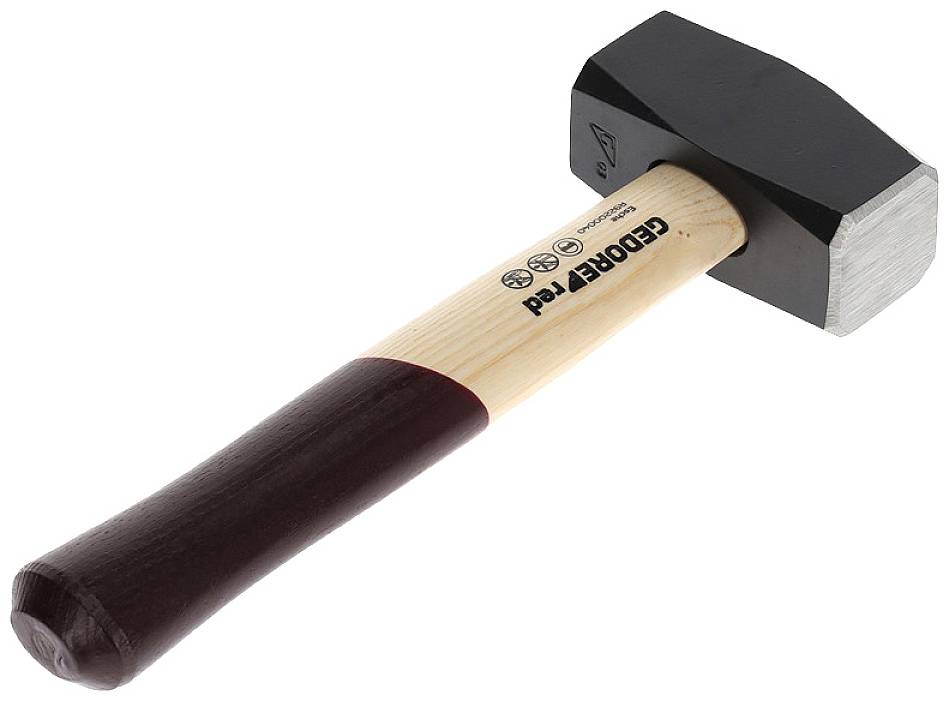 A hammer with a wooden handle and a black, rectangular steel head.