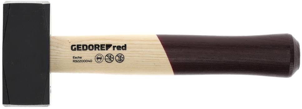 A hammer with a wooden handle and black head. 'GEDORE red' is written on the handle and symbols are depicted on it.