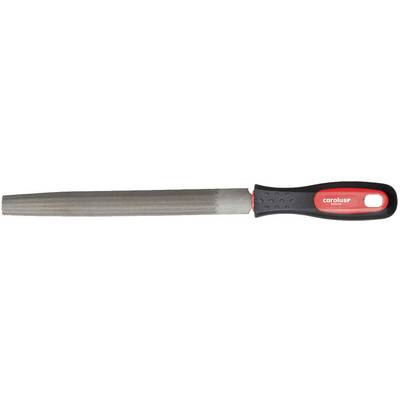 File with a red and black handle, used for smoothing or shaping materials.