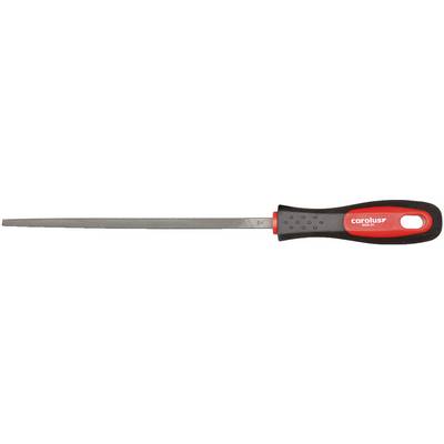 A flat file with a black and red handle by the brand 'creolus', well-suited for sharpening or smoothing metal edges.