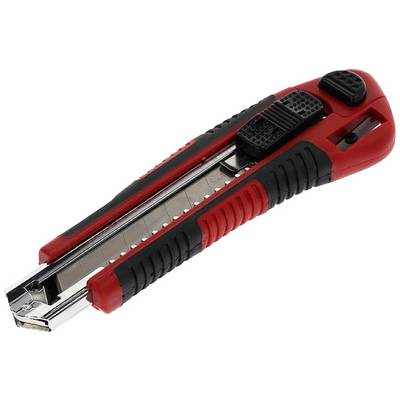 A red and black universal knife with a retractable blade, suitable for cutting tasks.