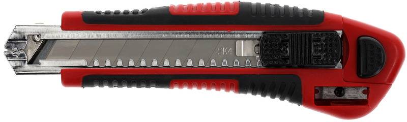 A red and black striped utility knife with a retractable blade.