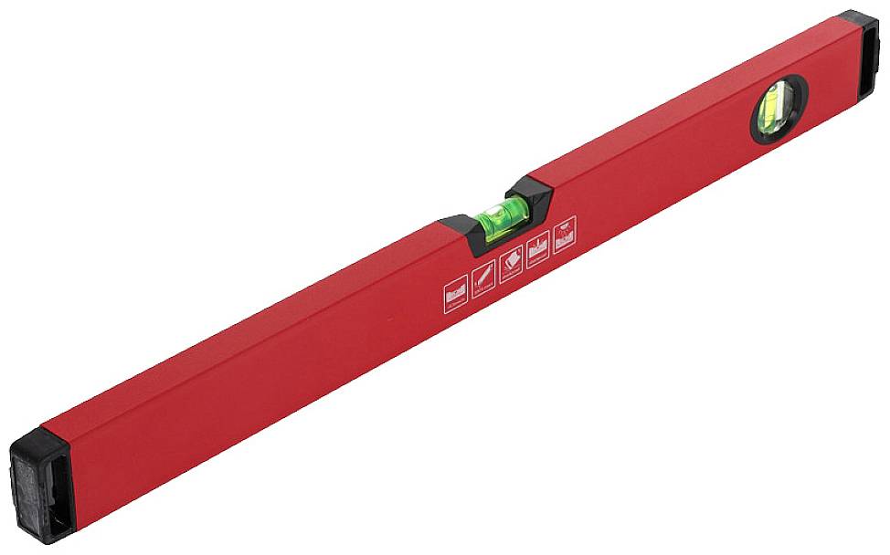 Red spirit level with two vials for measuring horizontal and vertical lines.