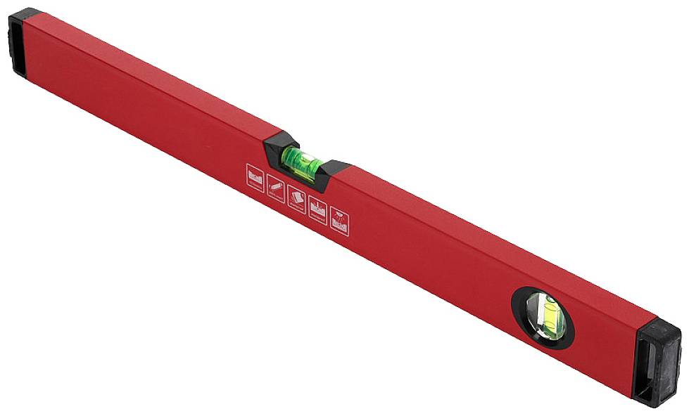 Red spirit level with two vials for measuring vertical and horizontal planes; ideal for precise alignment.