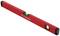 Red spirit level with two vials for measuring vertical and horizontal planes; ideal for precise alignment.