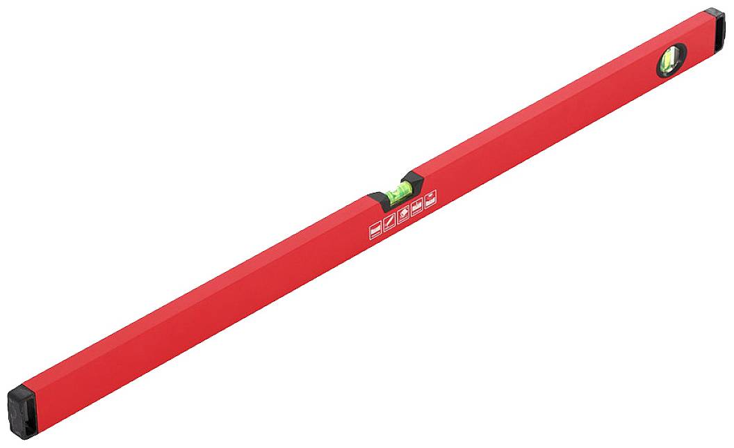 Red spirit level with two vials, one horizontal and one vertical, for checking flatness and alignment.